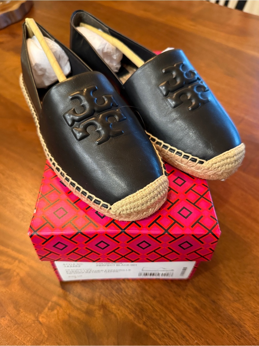 Tory Burch Ines Black Leather Logo Espadrille Flats with Jute Trim